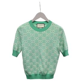 Gucci Strickpullover aus Baumwoll-Woll-Mischung GG Jacquard Mint Kurzarm Grün