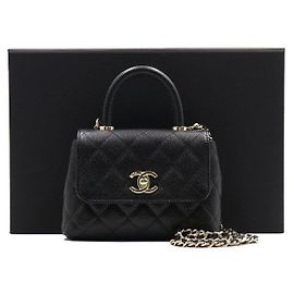 Chanel Bolsa Micro Tote em Caviar Preto com Alça Coco e Alça Tiracolo em Corrente Dourada Preto