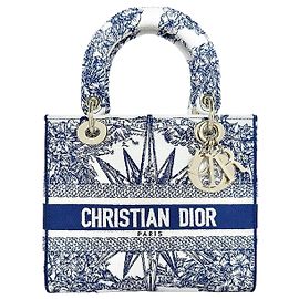 Dior Unused Lady Delight Tote Bag Rev Dinfini Embroidery White Blue Blue