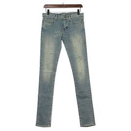Saint Laurent Vaqueros Skinny de Denim Distressed para Mujer Castaño