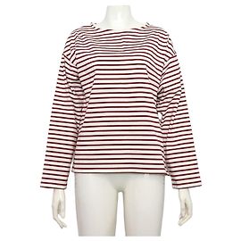 Céline T-shirt de manga comprida em algodão branco com riscas borgonha Branco