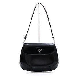 Prada Black Cleo Brushed Flap Leather Shoulder Bag Black