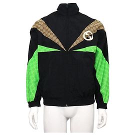 Gucci Giacca antivento unisex in nylon nero con zip GG fluorescente Nero