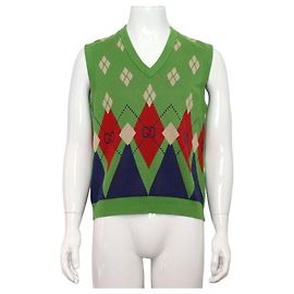 Gucci Herren-Strickweste aus Baumwolle mit Logo und grünem Argyle-Muster Mehrfarben