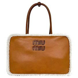 Miu Miu Unused Shearling Top Handle Bowling Bag Brown