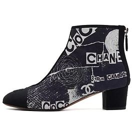 Chanel Graffiti Navy Suede CC Logo Ankle Boots Blue