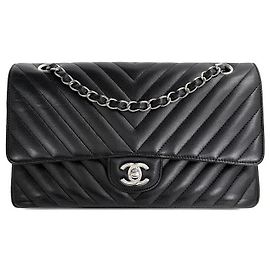 Chanel Borsa a Tracolla Classic Medium Hardware Argento Nero Nero