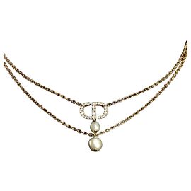 Dior Colar de corrente dupla dourada com decoração de pérolas de cristal Multicor