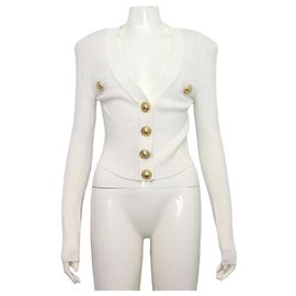 Balmain Kurze Strickjacke für Damen in Weiß mit gemischten Goldknöpfen Weiß
