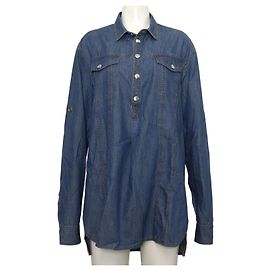 Balmain Cotton Denim Half Button Long Sleeve Women's Shirt Jacket Blue