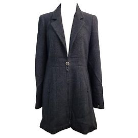 Chanel Tweed Long Jacket Black Black