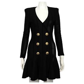 Balmain Robe rayée noire en mélange à manches longues et double bouton doré Noir