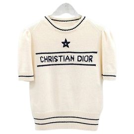 Dior Kurzarm-Strick aus Wolle und Kaschmir in Ecru Silber