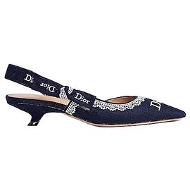 Dior Décolleté Slingback Blue Oblique in cotone ricamato e pizzo bianco Blu
