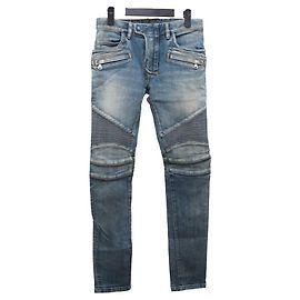 Balmain Silver Zipper Biker Jeans Blue