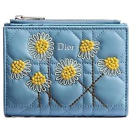 Dior Riviera Jardins Dalia Wallet Blue Cannage Lambskin Multicolor Daisy Embroidery Blue