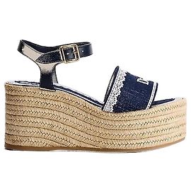 Louis Vuitton Dantel Wedge Heel Sandals Navy Blue Cotton White Lace Blue
