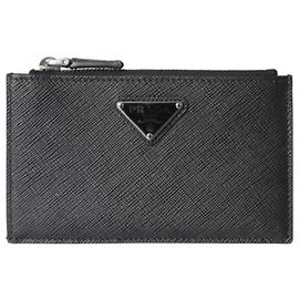Prada Triangle Logo Zip Card Holder Black