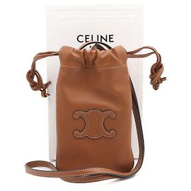 Céline Tan Color Leather Triomphe Drawstring Phone Pouch Crossbody Bag Brown