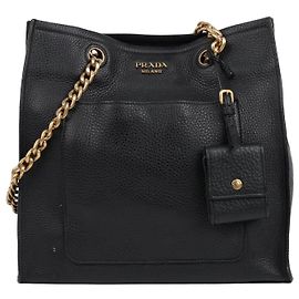 Prada Bolsa de Ombro com Corrente em Vitello Daino Preta Preto