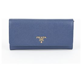 Prada Carteira longa em couro Saffiano com logótipo em metal Azul Azul