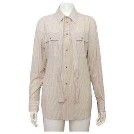 Céline Camisa de seda com riscas e gola de laço para mulher Branco