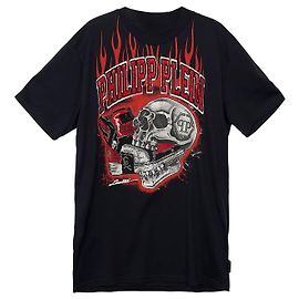 Philipp Plein Unbenutztes T-Shirt Schwarz mit Totenkopf-Feuer-Strass Schwarz