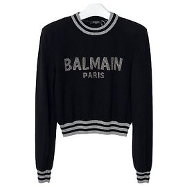 Balmain Kurzer Pullover aus Wolle und Kaschmir mit Intarsia-Logo - Black Schwarz