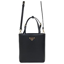 Prada Brushed Triangle Logo Leather Tote Shoulder Bag Black