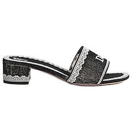 Dior Dentehl Absatz-Slipper Schwarz Schrägbestickung Baumwolle Beige Spitze Braun