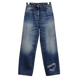 Chanel Washed Denim Pants with Embroidered Logo Blue
