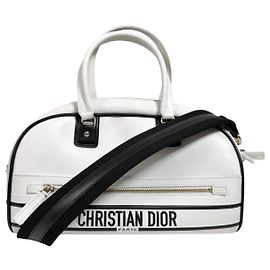 Dior Vibe Zip Leather Bowling Bag Tote Shoulder Bag Medium White White