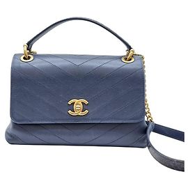 Chanel Chevron Python Top Handle Flap Shoulder Bag Navy Blue