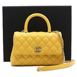 Chanel Yellow Caviar Coco Handle Small Flap Top Handle Tote Bag with Gold Chain Shoulder Bag Yellow