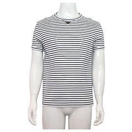 Prada T-Shirt Unissex de Algodão Branco com Riscas e Logótipo Triângulo Branco