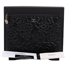 Chanel Black Camellia Gold Medium Clutch Bag Black