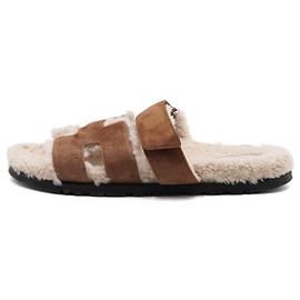 Hermès Shearling Logo Suede Brown Craft Ecru Men's Sandals Brown