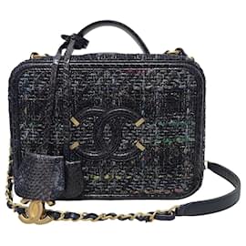 Chanel Navy Tweed Python Leather Cosmetic Top Handle Vanity Medium Blue