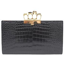Alexander Mcqueen Crocodile Pattern Gold Handle Clutch Bag Black
