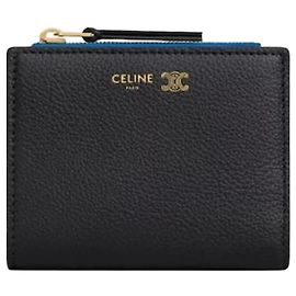 Céline Compact Wallet Soft Grain Calfskin Black Blue Women's Wallet Blue