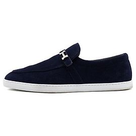 Hermès Marine Suede Silver Logo Men Loafers Blue