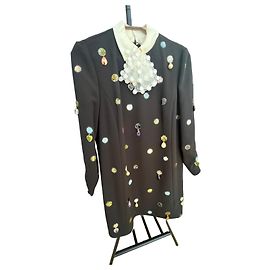 Tory Burch Robe Shift Noire avec Broderies Bijoux Noir Blanc Multicolore