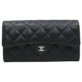 Chanel Classic Flap Snap Long Wallet Caviar Black Silver Hardware Black