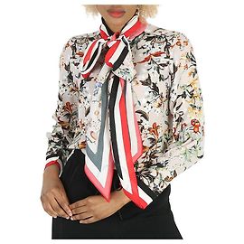 Burberry Floral Stripe Tie Neck Blouse US Brown