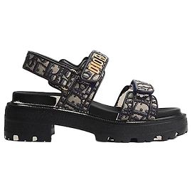 Dior Platform Sandals Deep Blue Oblique Motif Embroidered Cotton Blue