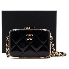 Chanel Mini bolsa box de noite em couro de cabra envernizado preto com corrente dourada Preto