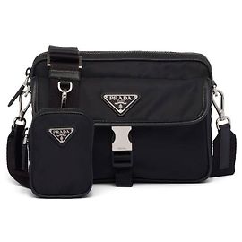Prada Nylon and Saffiano Leather Shoulder Bag Black Black