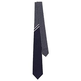 Dior Cravatta Canage a Righe Blu Navy Grigio, Seta Bianca Blu