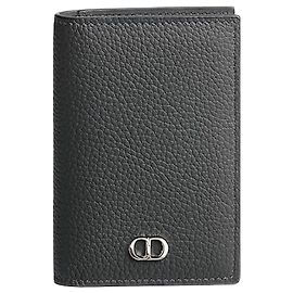 Dior CD Icon Two-Fold Card Wallet Grey Flannel Grain Calfskin Brown