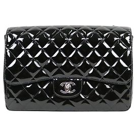 Chanel Black Large Patent Classic Handbag Single Flap Black